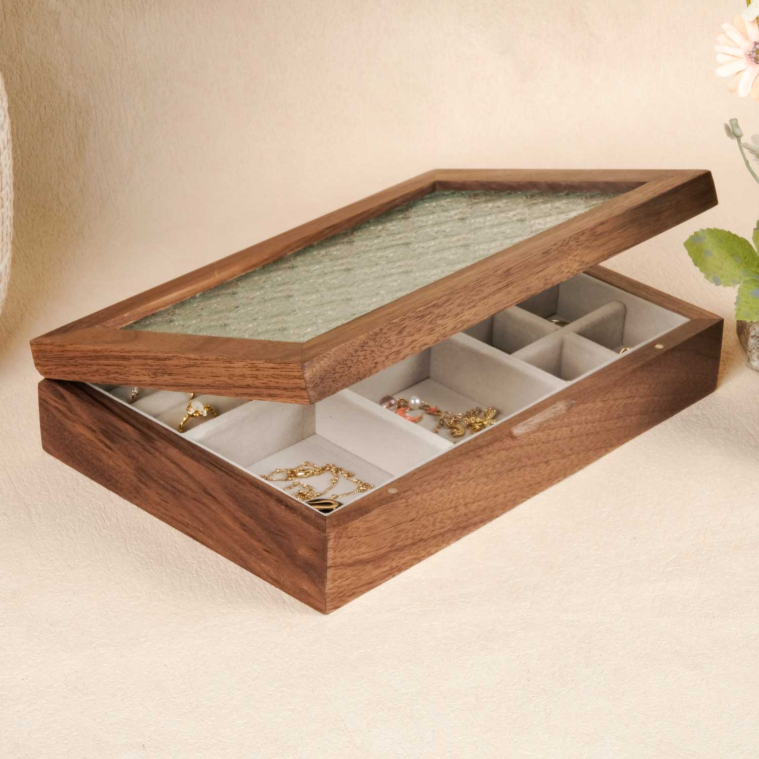 The Crystal - Glass Custom Carved Walnut Wooden Jewelry Box – the