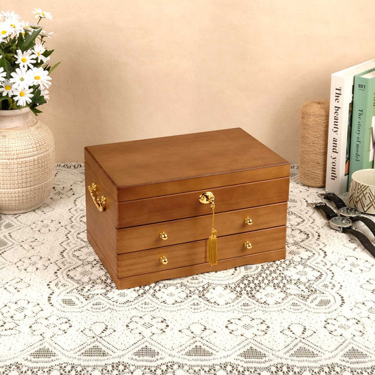 The Engraved - Three Tier Wooden Jewelry Box with Lock and Drawers