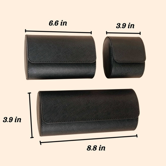 Three black cylindrical leather cases with measurements on a beige background