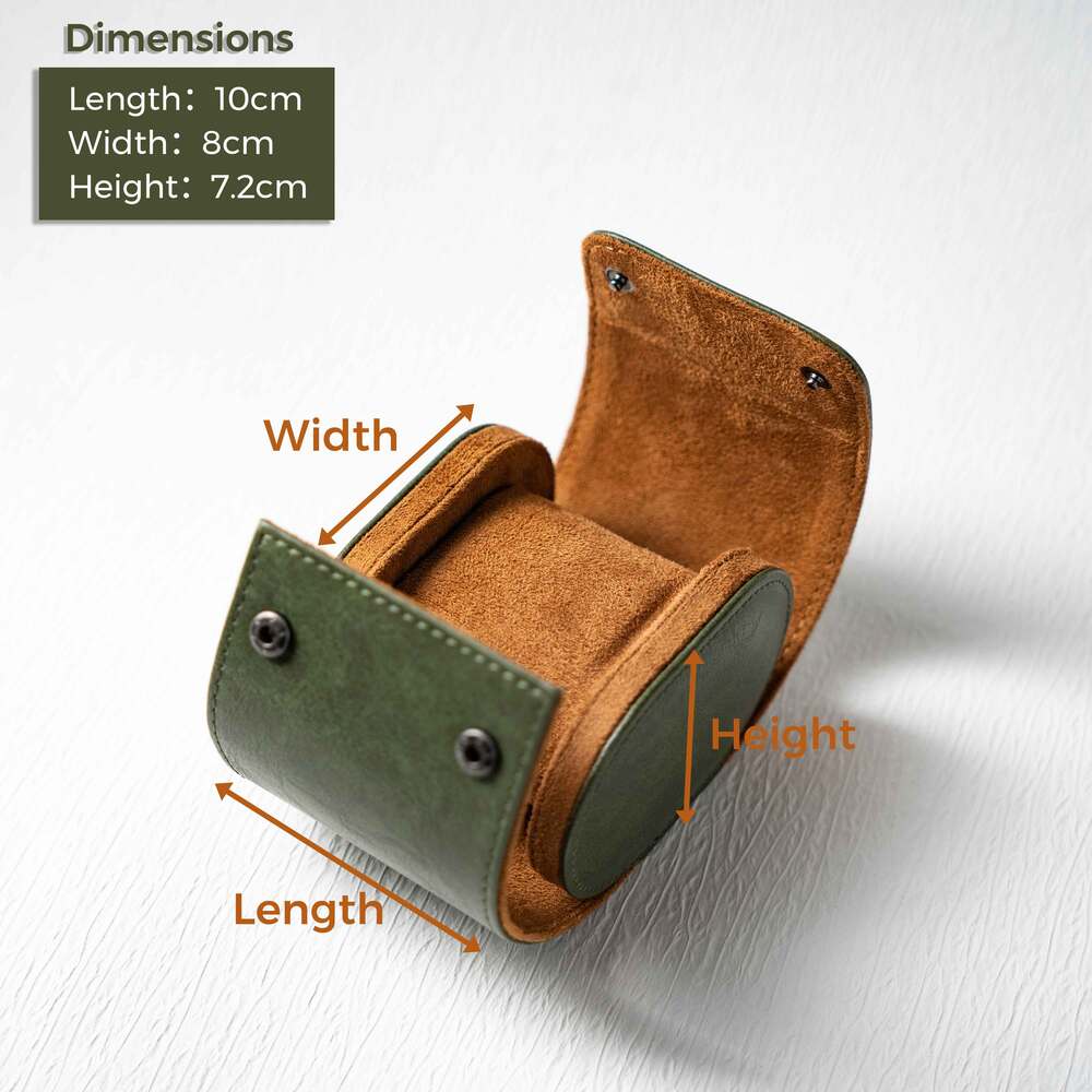 Green and brown leather wallet with measurements on a white background